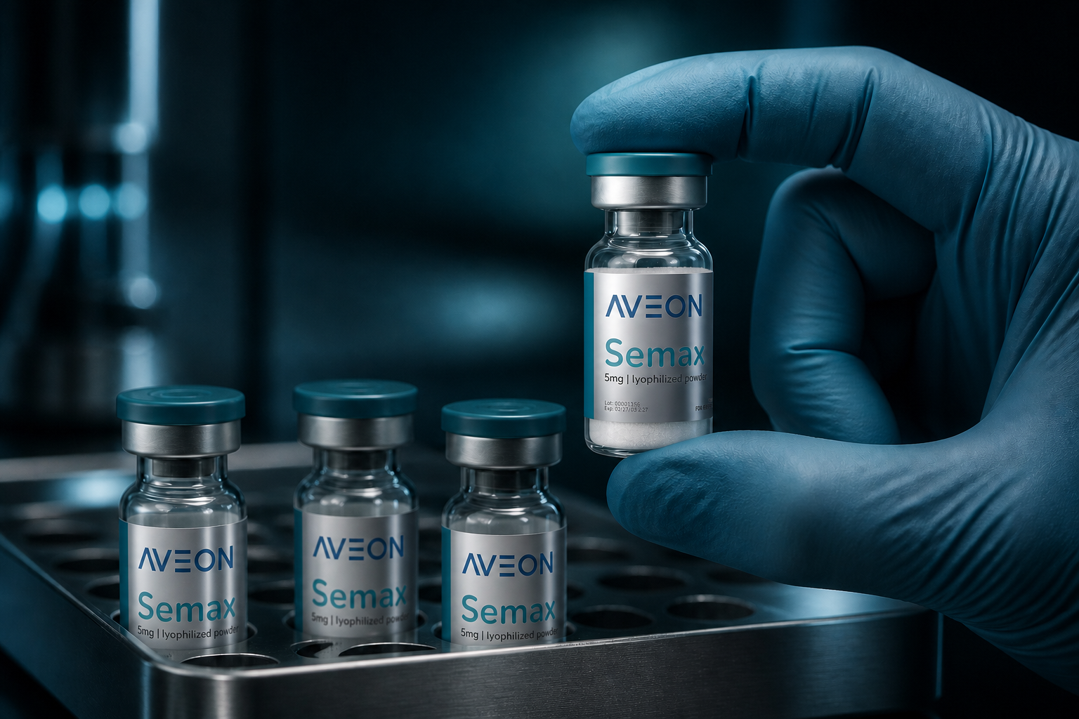 Vial AVEON Semax em primeiro plano enquanto peptídeos são manuseados com micropipeta em laboratório